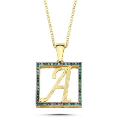 A Harfli  Yeşil Taşlı 14 Ayar Altın Kaplama Kolye