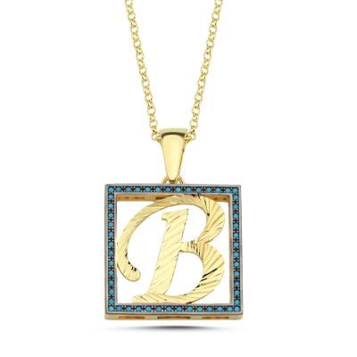 B Harfli  Mavi Taşlı 14 Ayar Altın Kaplama Kolye