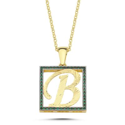 B Harfli  Yeşil Taşlı 14 Ayar Altın Kaplama Kolye