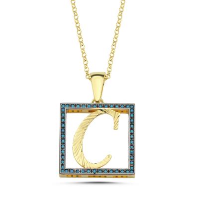 C Harfli  Mavi Taşlı 14 Ayar Altın Kaplama Kolye