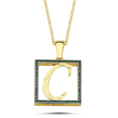 C Harfli  Yeşil Taşlı 14 Ayar Altın Kaplama Kolye