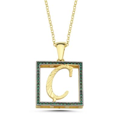 Ç Harfli  Yeşil Taşlı 14 Ayar Altın Kaplama Kolye