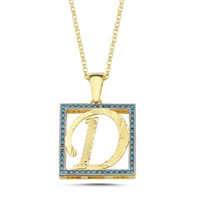 D Harfli  Mavi Taşlı 14 Ayar Altın Kaplama Kolye