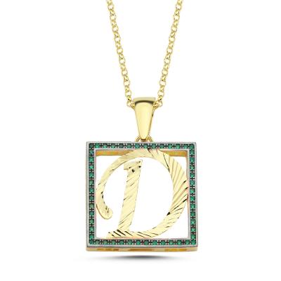 D Harfli  Yeşil Taşlı 14 Ayar Altın Kaplama Kolye