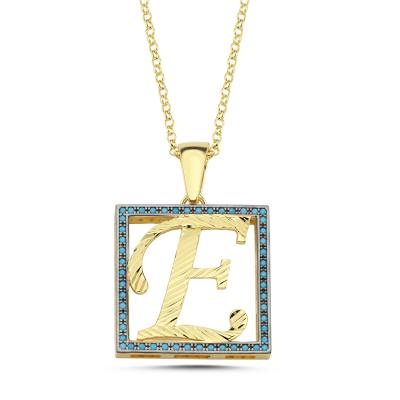 E Harfli  MaviTaşlı 14 Ayar Altın Kaplama Kolye