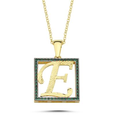 E Harfli  Yeşil Taşlı 14 Ayar Altın Kaplama Kolye