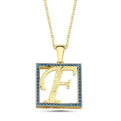 F Harfli  Mavi Taşlı 14 Ayar Altın Kaplama Kolye