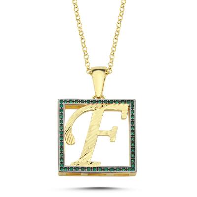 F Harfli  Yeşil Taşlı 14 Ayar Altın Kaplama Kolye