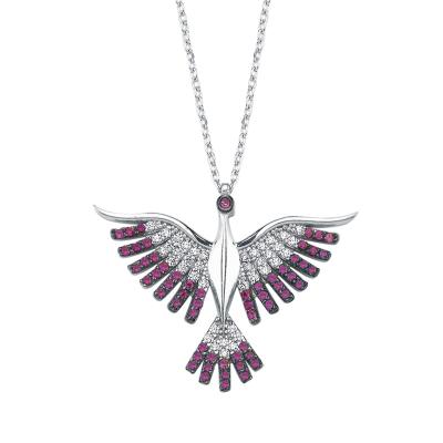 Fuşya Taşlı Anka Kuşu Gümüş Kolye