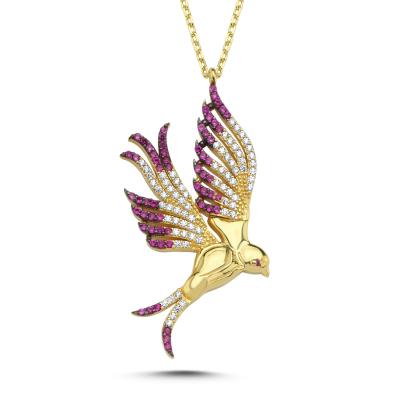 Fuşya Taşlı Hüma Kuşu Altın Kaplama Kolye