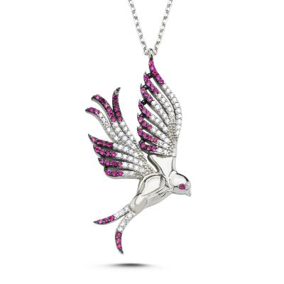 Fuşya Taşlı Hüma Kuşu Gümüş Kolye