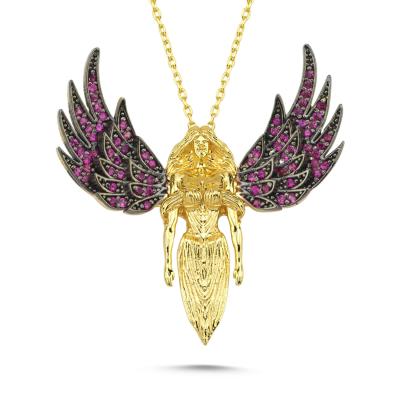 Fuşya Taşlı Melek Altın Kaplama Kolye