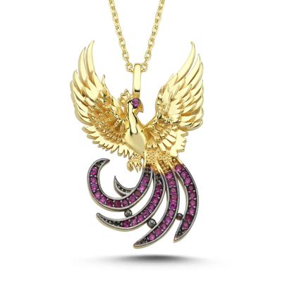 Fuşya Taşlı Simurg Altın Kaplama Kolye