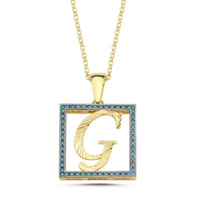 G Harfli  Mavil Taşlı 14 Ayar Altın Kaplama Kolye
