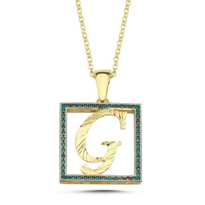 G Harfli  Yeşil Taşlı 14 Ayar Altın Kaplama Kolye