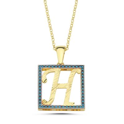 H Harfli  Mavi Taşlı 14 Ayar Altın Kaplama Kolye