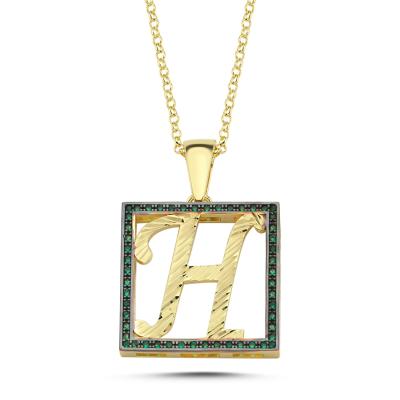 H Harfli  Yeşil Taşlı 14 Ayar Altın Kaplama Kolye