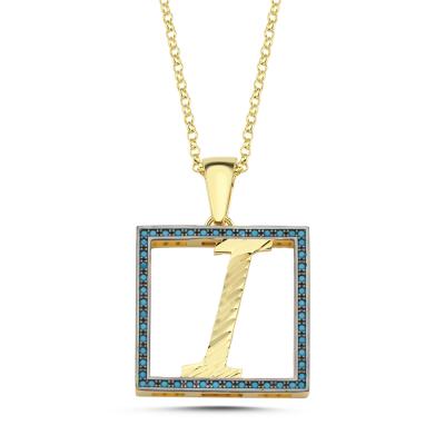 I Harfli  Mavi Taşlı 14 Ayar Altın Kaplama Kolye