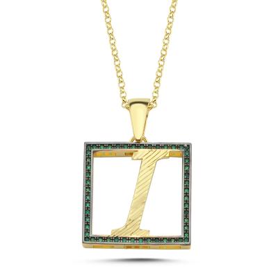 I Harfli  Yeşil Taşlı 14 Ayar Altın Kaplama Kolye