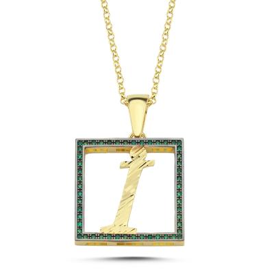 i Harfi   Yeşil Taşlı 14 Ayar Altın Kaplama Kolye