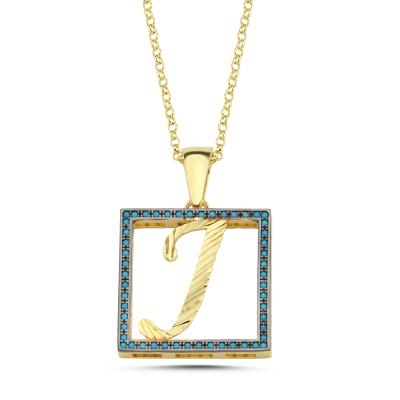 J Harfli  Mavi Taşlı 14 Ayar Altın Kaplama Kolye