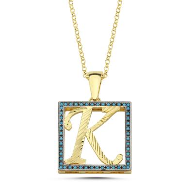K Harfli  Mavi Taşlı 14 Ayar Altın Kaplama Kolye