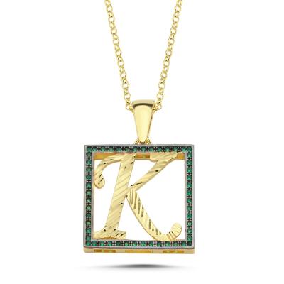 K Harfli  Yeşil Taşlı 14 Ayar Altın Kaplama Kolye