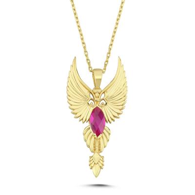 Kırmızı Taşlı Zümrüdüanka Kuşu Altın Kaplama Kolye