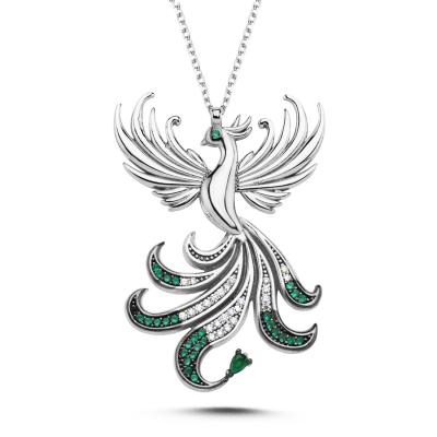 Kraliçe  Yeşil Taşlı Anka Kuşu Gümüş Kolye