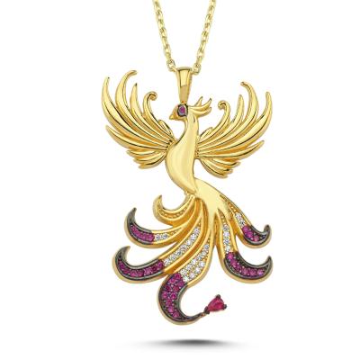 Kraliçe Fuşya Taşlı Anka Kuşu Altın Kaplama Kolye