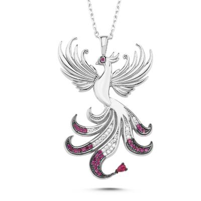 Kraliçe Fuşya Taşlı Anka Kuşu Gümüş Kolye