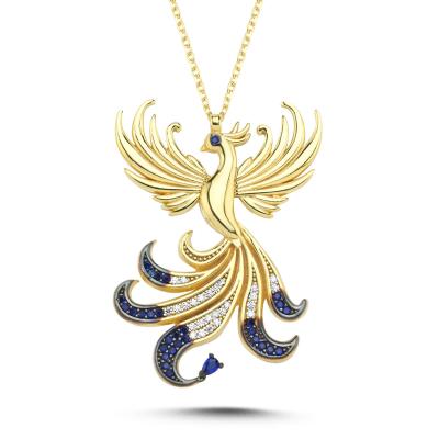 Kraliçe Lacivert Taşlı Anka Kuşu Altın Kaplama Kolye
