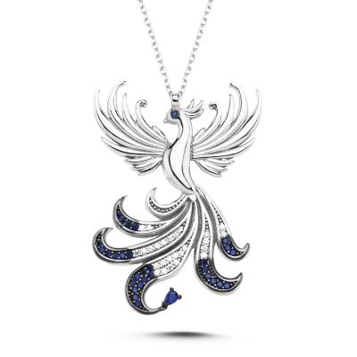 Kraliçe Lacivert Taşlı Anka Kuşu Gümüş Kolye
