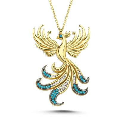 Kraliçe Mavi Taşlı Anka Kuşu Altın Kaplama Kolye