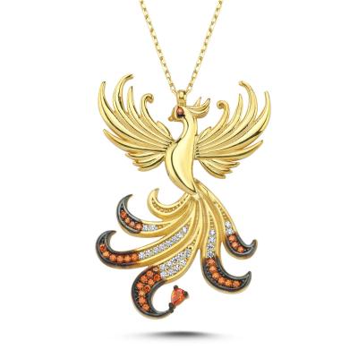 Kraliçe Turuncu Taşlı Anka Kuşu Altın Kaplama Kolye