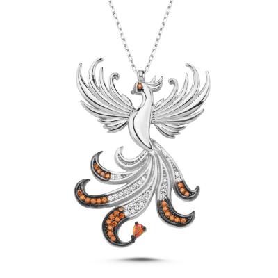 Kraliçe Turuncu Taşlı Anka Kuşu Gümüş Kolye