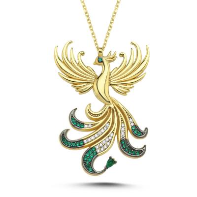 Kraliçe Yeşil Taşlı Anka Kuşu Altın Kaplama Kolye