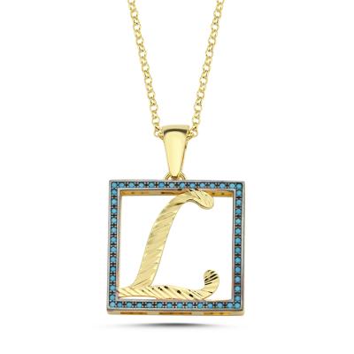 L Harfli  Mavi Taşlı 14 Ayar Altın Kaplama Kolye