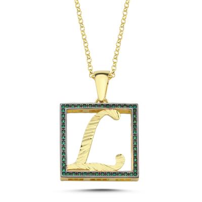 L Harfli  Yeşil Taşlı 14 Ayar Altın Kaplama Kolye