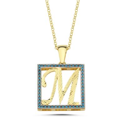 M Harfli  Mavi Taşlı 14 Ayar Altın Kaplama Kolye