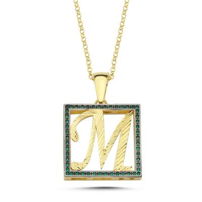 M Harfli  Yeşil Taşlı 14 Ayar Altın Kaplama Kolye