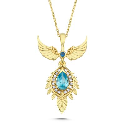 Mavi Damla Taşlı Anka Kuşu Altın Kaplama Kolye
