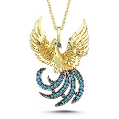 Mavi Taşlı Simurg Altın Kaplama Kolye