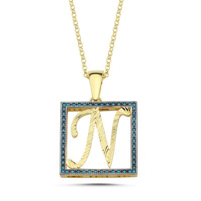 N Harfli  Mavi Taşlı 14 Ayar Altın Kaplama Kolye
