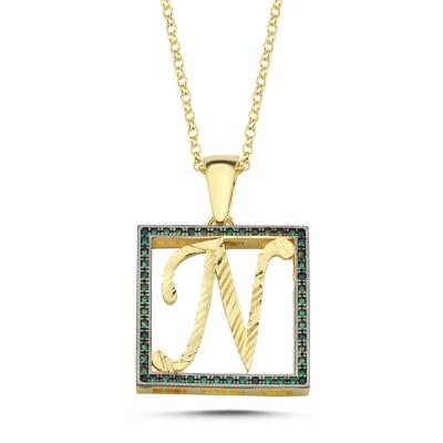 N Harfli  Yeşil Taşlı 14 Ayar Altın Kaplama Kolye