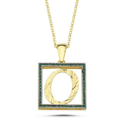 O Harfli  Yeşil Taşlı 14 Ayar Altın Kaplama Kolye