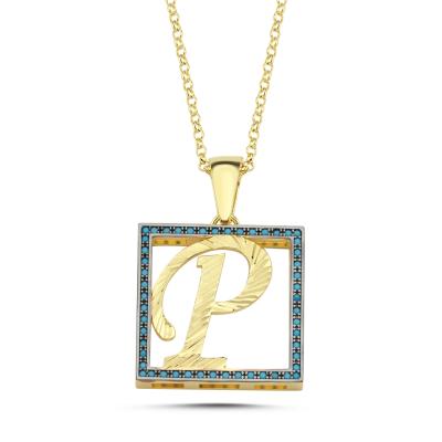 P Harfli  Mavi Taşlı 14 Ayar Altın Kaplama Kolye