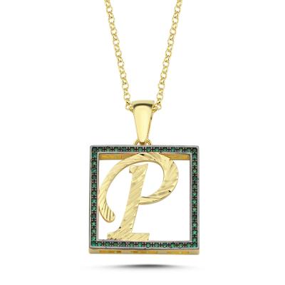 P Harfli  Yeşil Taşlı 14 Ayar Altın Kaplama Kolye
