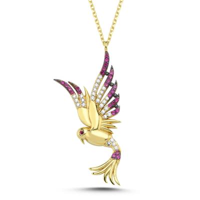 Prenses Fuşya Taşlı Anka Kuşu Altın Kaplama Kolye 