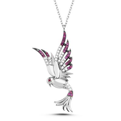 Prenses Fuşya Taşlı Anka Kuşu Gümüş Kolye 